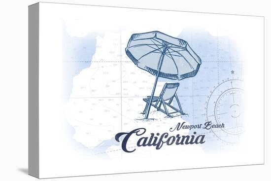 Newport Beach, California - Beach Chair and Umbrella - Blue - Coastal Icon-Lantern Press-Stretched Canvas