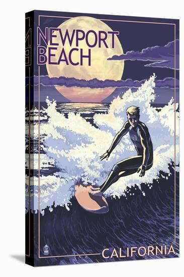 Newport Beach, California - Night Surfer-Lantern Press-Stretched Canvas