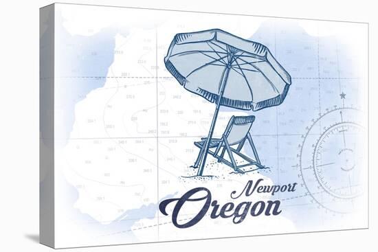 Newport, Oregon - Beach Chair and Umbrella - Blue - Coastal Icon-Lantern Press-Stretched Canvas