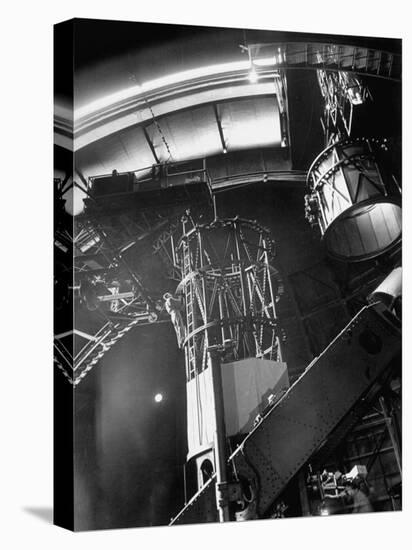 Night Assistant Climbing Down Side of 100-Inch Telescope at Mount Wilson Observatory-Margaret Bourke-White-Premier Image Canvas