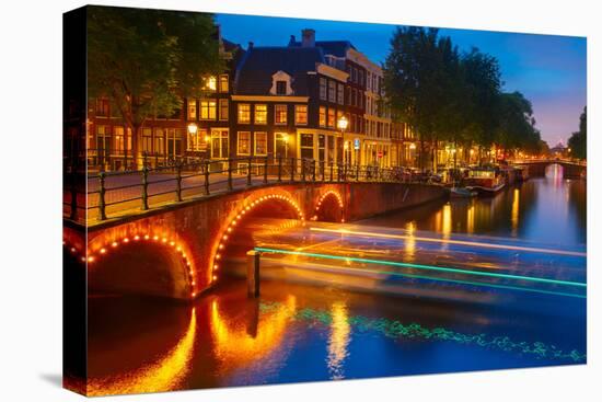 Night City View of Amsterdam Canal and Bridge-kavalenkava volha-Premier Image Canvas