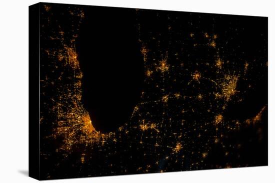 Night time satellite image of Chicago, Milwaukee, Detroit and Lake Michigan, Michigan, USA-null-Premier Image Canvas