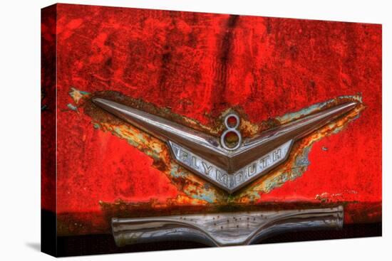 North America, USA, Georgia, Hood ornament on old rusted red Plymouth car at Old Car City.-Joanne Wells-Premier Image Canvas