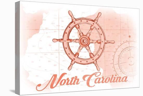 North Carolina - Ship Wheel - Coral - Coastal Icon-Lantern Press-Stretched Canvas