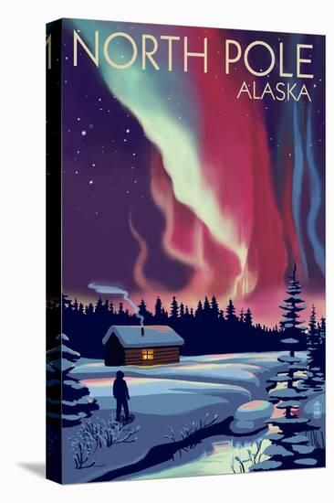 North Pole, Alaska - Northern Lights and Cabin-Lantern Press-Stretched Canvas
