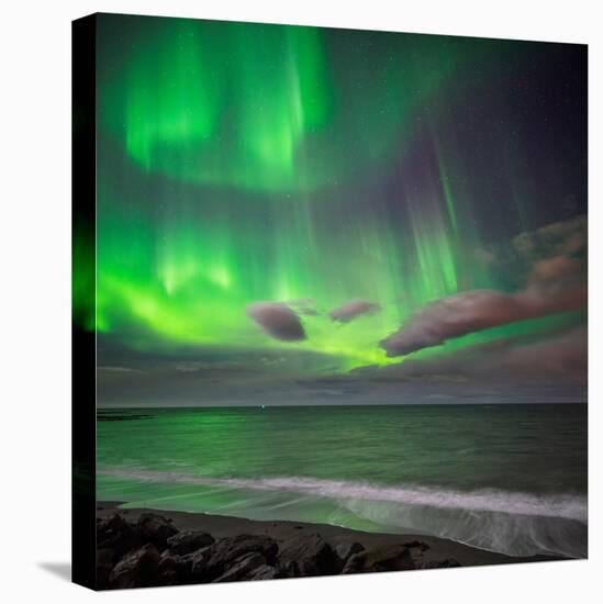 Northern Lights over the Waves Breakiing on the Beach in Seltjarnarnes, Reykjavik, Iceland-null-Premier Image Canvas