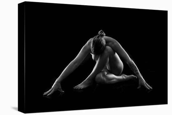 Nude woman with tattoos in yoga pose against black background-Panoramic Images-Premier Image Canvas