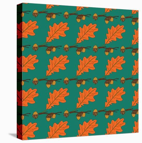 Oak Acorns on the Branch Autumn Red Leaf Colorful Pattern Vector-istorsvetlana-Stretched Canvas