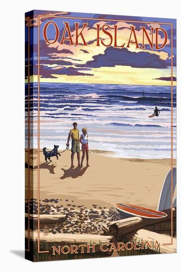 Oak Island, North Carolina - Beach Walk and Surfers-Lantern Press-Stretched Canvas