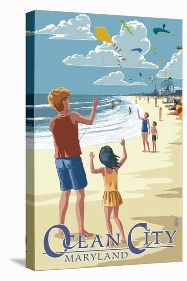 Ocean City, Maryland - Kite Flyers-Lantern Press-Stretched Canvas