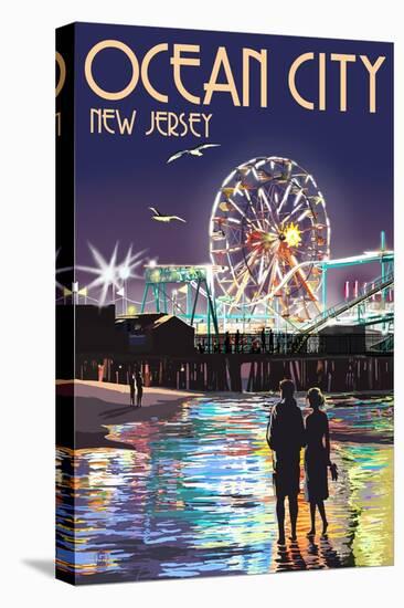 Ocean City, New Jersey - Pier and Rides at Night-Lantern Press-Stretched Canvas