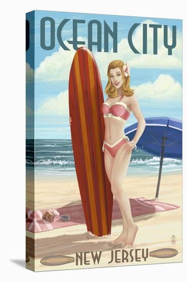Ocean City, New Jersey - Surfing Pinup Girl-Lantern Press-Stretched Canvas