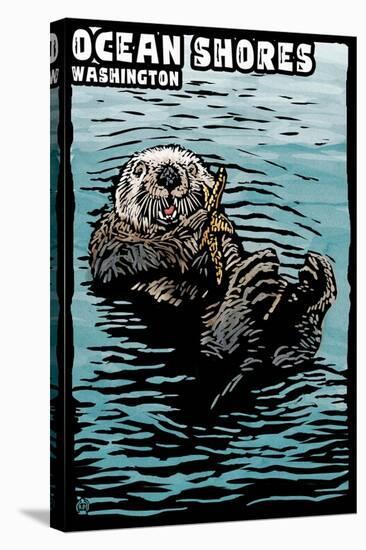 Ocean Shores, Washington - Sea Otter - Scratchboard-Lantern Press-Stretched Canvas