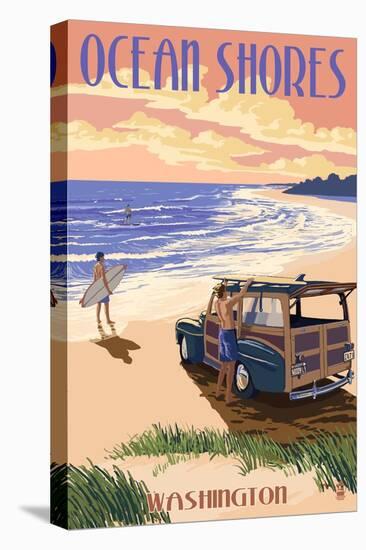 Ocean Shores, Washington - Woody on Beach-Lantern Press-Stretched Canvas
