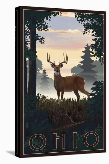 Ohio - Deer and Sunrise-Lantern Press-Stretched Canvas