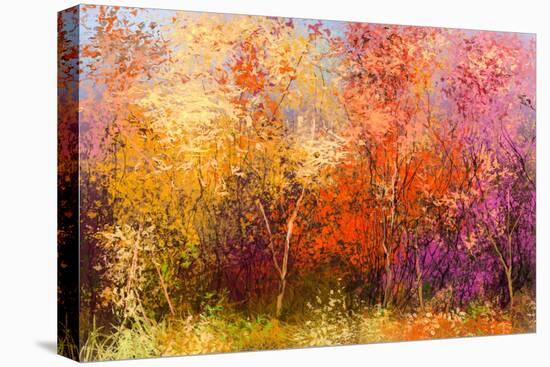 Oil Painting Landscape - Colorful Autumn Trees. Semi Abstract Image of Forest, Trees with Yellow --pluie_r-Stretched Canvas