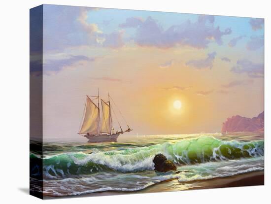 Oil Painting On Canvas , Sailboat Against A Background Of Sea Sunset-Lilun-Stretched Canvas