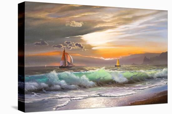 Oil Painting On Canvas , Sailboat Against A Background Of Sea Sunset-Lilun-Stretched Canvas