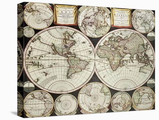 Old Double Emisphere Map Of The World Surrounded By Smallest Emispheric Projections-marzolino-Stretched Canvas