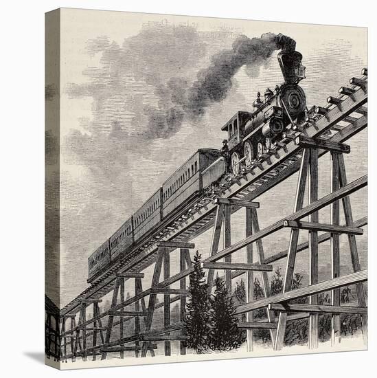 Old Illustration Of Train Crossing Wooden Trestle Bridge Along Union Pacific Railroad-marzolino-Stretched Canvas