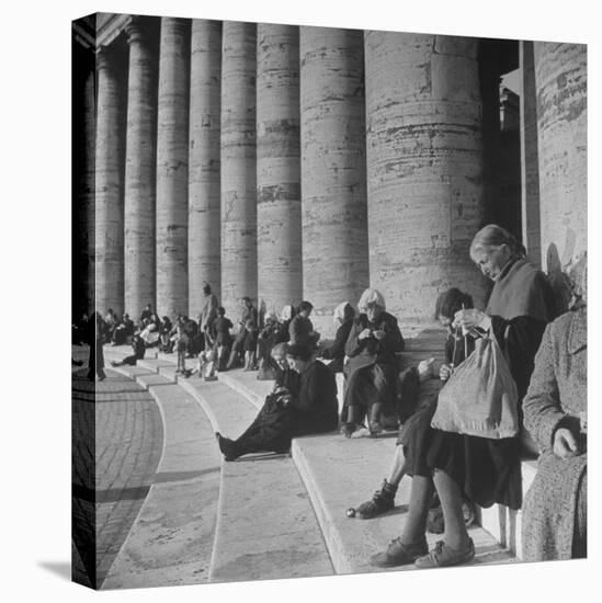 Old Italian Women Knitting While They Socialize in the Colonade of St. Peter's Square, Vatican City-Margaret Bourke-White-Premier Image Canvas