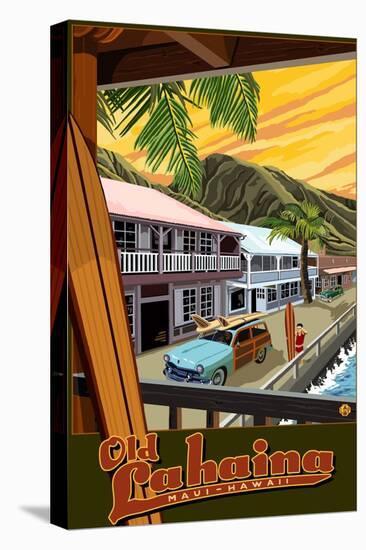 Old Lahaina Fishing Town with Surfer, Maui, Hawaii-Lantern Press-Stretched Canvas