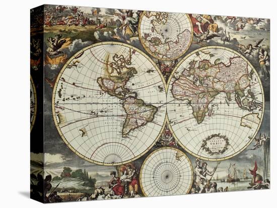 Old Map Of World Hemispheres. Created By Frederick De Wit, Published In Amsterdam, 1668-marzolino-Stretched Canvas