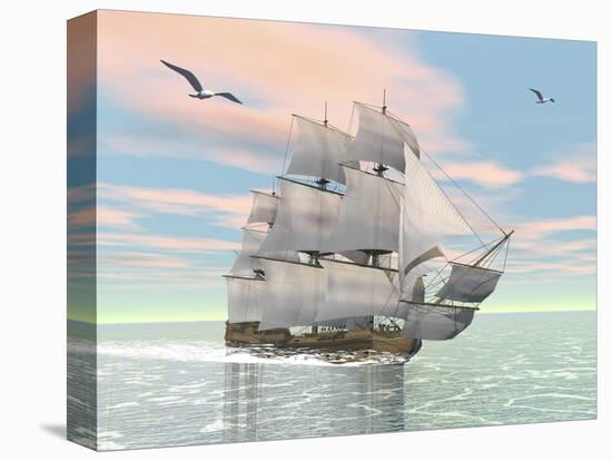 Old Merchant Ship Sailing in the Ocean with Seagulls Above-null-Stretched Canvas