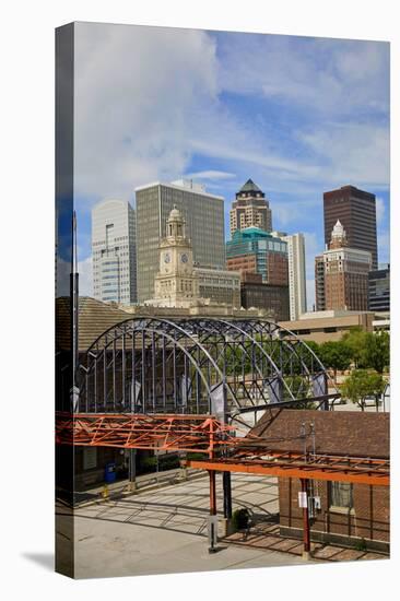 Old Railroad Station framing view of Des Moines skyline, capital of Iowa-null-Premier Image Canvas