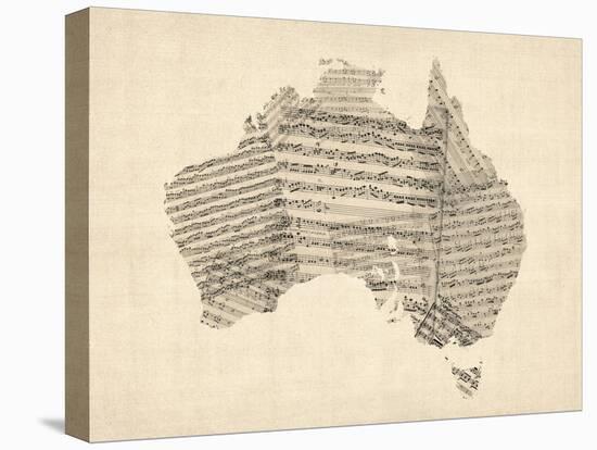 Old Sheet Music Map of Australia Map-Michael Tompsett-Stretched Canvas