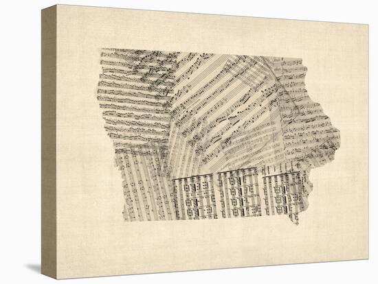 Old Sheet Music Map of Iowa-Michael Tompsett-Stretched Canvas