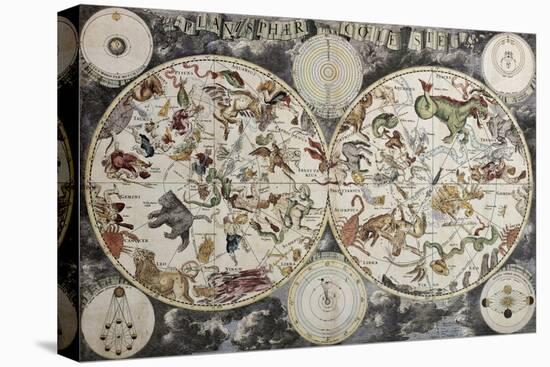 Old Sky Map Depicting Boreal And Austral Hemispheres With Constellations And Zodiac Signs-marzolino-Stretched Canvas