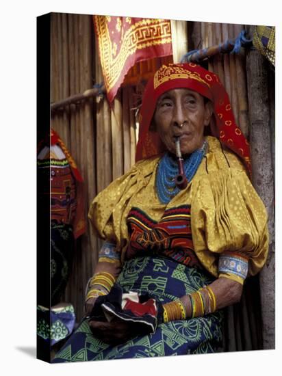 Old Woman with Pipe in Hand-Stitched Molas, Kuna Indian, San Blas Islands, Panama-Cindy Miller Hopkins-Premier Image Canvas