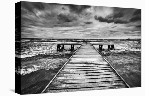 Old Wooden Jetty, Pier, during Storm on the Sea. Dramatic Sky with Dark, Heavy Clouds. Black and Wh-Michal Bednarek-Premier Image Canvas