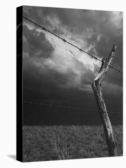 On a Small Farm, Ominous Clouds Overhead, Outlined by Barbed Wire Fencing-Nat Farbman-Premier Image Canvas