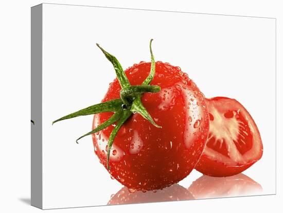 One Whole and One Halved Tomato with Drops of Water-Michael Löffler-Premier Image Canvas