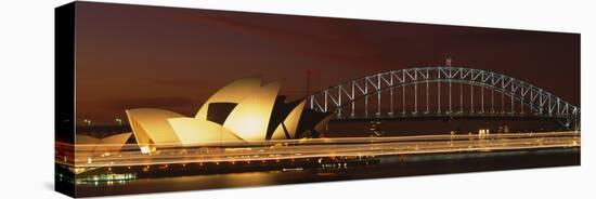 Opera House Lit Up at Night with Light Streaks, Sydney Harbor Bridge, Sydney Opera House-null-Stretched Canvas