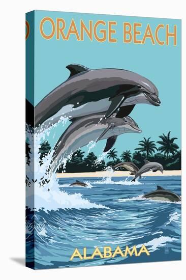 Orange Beach, Alabama - Dolphins Jumping-Lantern Press-Stretched Canvas