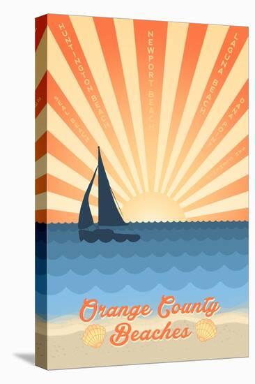 Orange County, California - Beach Scene with Rays and Sailboat-Lantern Press-Stretched Canvas