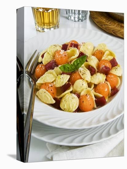 Orecchiette Pasta With Melon Ball, Prosciutto (Ham), Parmesan Cheese and Basil, Italy, Europe-Nico Tondini-Premier Image Canvas