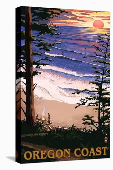 Oregon Coast Sunset Surfers-Lantern Press-Stretched Canvas