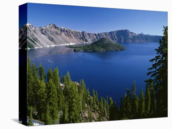 Oregon. Crater Lake NP, Wizard Island and Crater Lake with a grove of mountain hemlock-John Barger-Premier Image Canvas