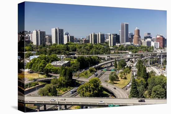 Oregon, Portland. Highways and Downtown from the Ohsu Gondola-Brent Bergherm-Premier Image Canvas