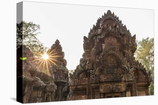 Ornate Carvings in Red Sandstone at Sunset in Banteay Srei Temple in Angkor, Siem Reap, Cambodia-Michael Nolan-Premier Image Canvas