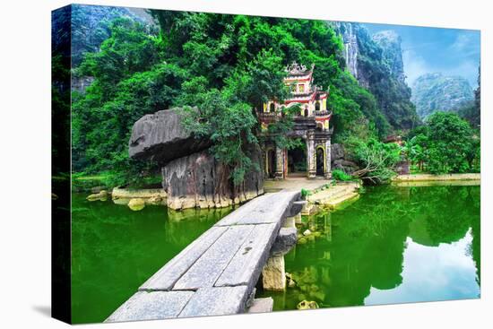 Outdoor Park Landscape with Lake and Stone Bridge. Gate Entrance to Ancient Bich Dong Pagoda Comple-Perfect Lazybones-Premier Image Canvas