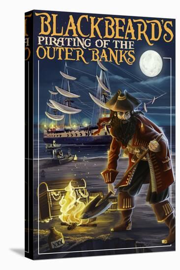 Outer Banks, North Carolina - Blackbeard Pirate and Queen Anne's Revenge-Lantern Press-Stretched Canvas