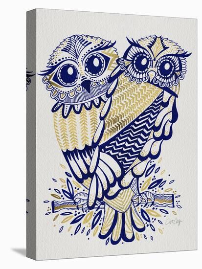 Owls in Navy and Gold-Cat Coquillette-Stretched Canvas