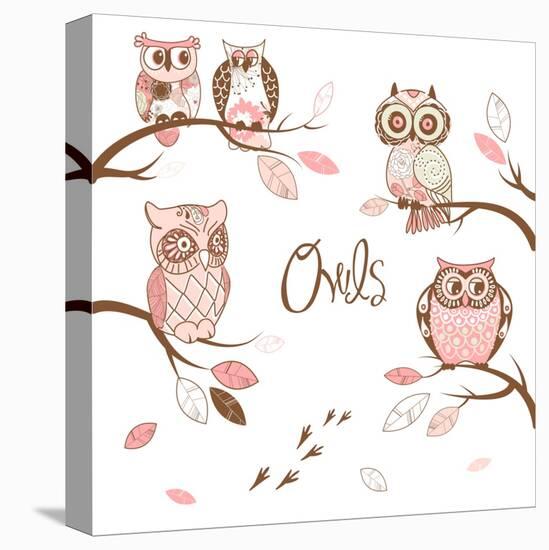 Owls, Trendy Card with Owls Sitting on the Brunches-Alisa Foytik-Stretched Canvas