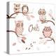 Owls, Trendy Card with Owls Sitting on the Brunches-Alisa Foytik-Stretched Canvas