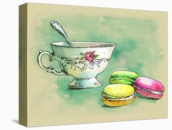 Painted Watercolor French Dessert Macaroons and a Cup of Tea-lozas-Stretched Canvas